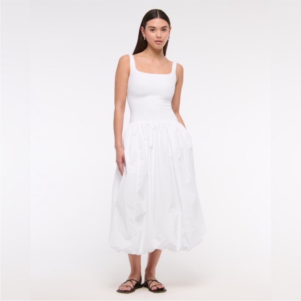 ABERCROMBIE & FITCH White Bubble Hem Midi Dress Square Neck Tall